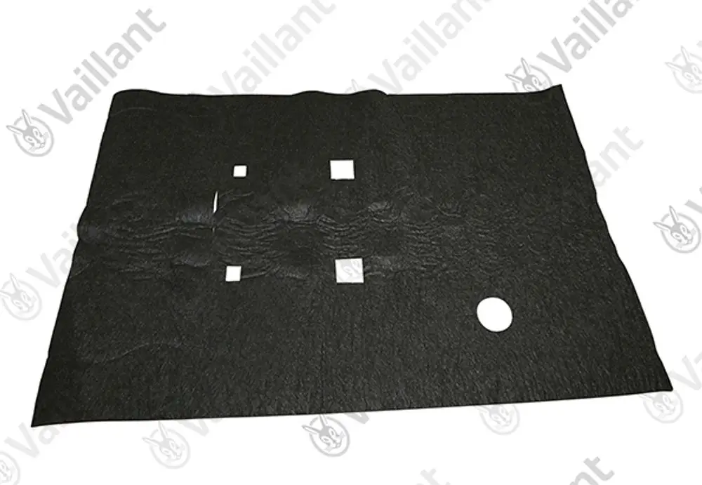 Schwarze Isolierplatte von Vaillant mit mehreren Aussparungen in quadratischer und runder Form, auf flacher Unterlage liegend.